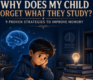 child struggling to remember what they studied while parent helps with homework