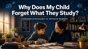 Child studying with memory strategies to improve learning and recall
