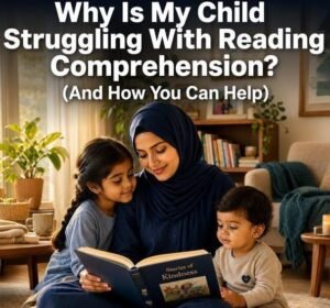 Mother helping children with reading comprehension at home