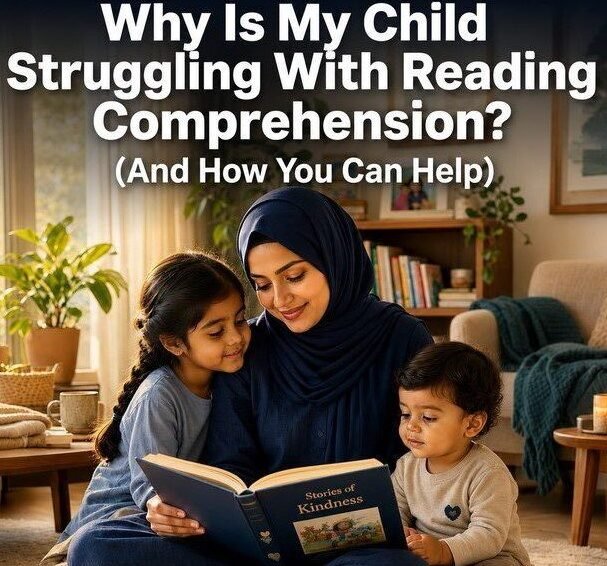 Mother helping children with reading comprehension at home